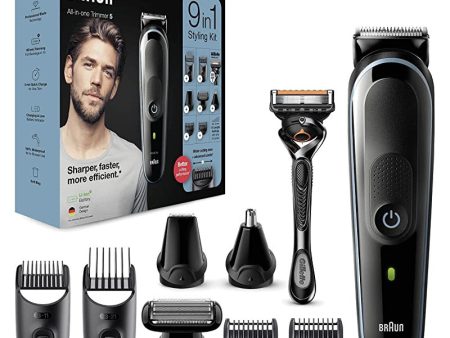 Braun Recortadora Barba 9 en 1, Máquina Cortar Pelo, Cortapelos Hombre para Cara, Pelo, Orejas y Nariz, Maquinilla Gillette, 7 Accesorios, 5 MGK5380, Negro Azul Embalaje Deteriorado Hot on Sale