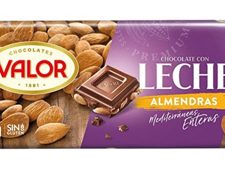 Valor - Chocolate con Leche con Almendras Mediterráneas Enteras - Sin Gluten - Chocolate con Leche y Almendras Valor - Chocolate Valor Suave - Tableta de 250 Gramos Embalaje Deteriorado Online now